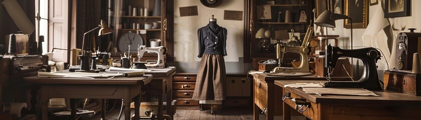 Wall Mural - Vintage sewing machine on a wooden table in a tailor's workshop.