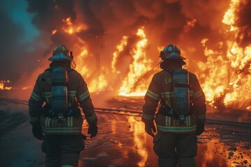 Firefighters battling industrial fire, demonstrating fire service career amidst flames and smoke