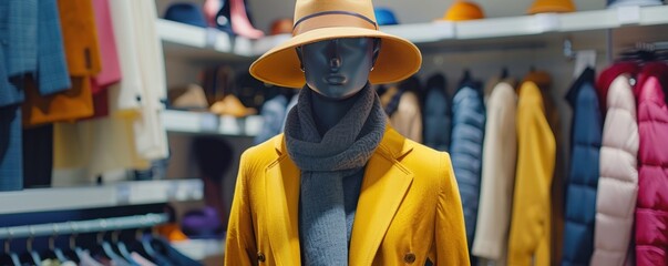 Yellow coat with hat on mannequin in clothing store.