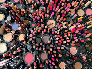 A large collection of makeup products, including lipsticks, eyeshadows, and blushes, are displayed on a table. Concept of abundance and variety