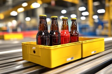 Canvas Print - Bottling factory assembly line featuring colorful beverage bottles showcasing industrial automation production efficiency and the vibrant process of manufacturing drinks