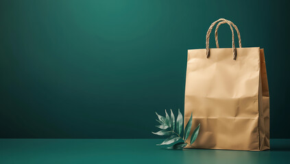 Brown paper bag on green background, symbolizing eco-friendly shopping