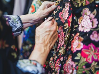 Wall Mural - Close-up of a woman's hands embroidering a floral design.