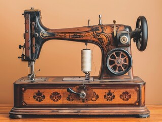 Wall Mural - Vintage sewing machine on a wooden surface.