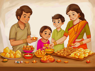 A family is gathered around a table with a variety of food, including cookies and cakes. Scene is warm and inviting, as the family members are sharing a meal together