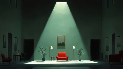 Wall Mural - Minimalist Room with Red Sofa and Ambient Lighting