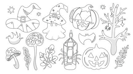 Set of isolated Halloween decoration elements in cute doodle hand-drawn graphic illustration style on transparent background, Volume 3: Black outline