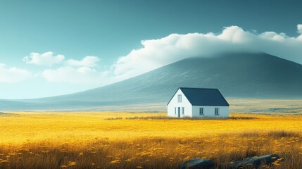 Poster - Serene House Surrounded by Golden Fields and Mountains