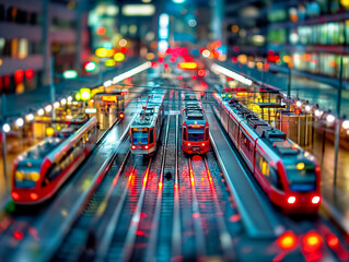 Wall Mural - A train station with three trains on the tracks. The trains are red and yellow. The station is lit up with bright lights