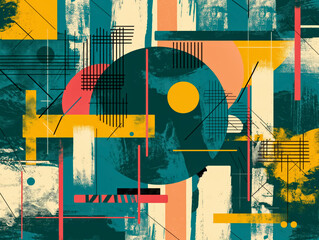 Wall Mural - A colorful abstract painting with a yellow circle in the middle. The painting is full of different shapes and lines, creating a sense of movement and energy. The colors are bright and bold