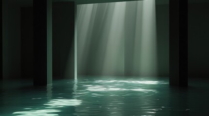 Poster - Serene Water Reflection with Light Rays in Dark Space