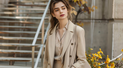 A portrait of young professional female in beige color suit.