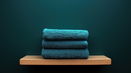 Wall Mural - Artistic Arrangement of Teal Towels on Wooden Shelf