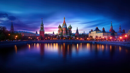 Wall Mural - A beautiful city with a large cathedral and a large body of water. The water is reflecting the lights of the city, creating a serene and peaceful atmosphere