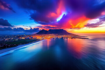 Wall Mural - A beautiful sunset over a city with a mountain in the background. The sky is filled with a variety of colors, including purple, blue, and orange. The city is lit up with lights, creating a warm