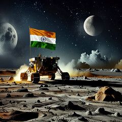 Chandrayaan 3 soft landing on the moon with Indian flag. Ai generated