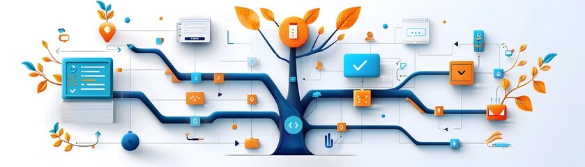 Wall Mural - abstract business tree with connected branches and icons.