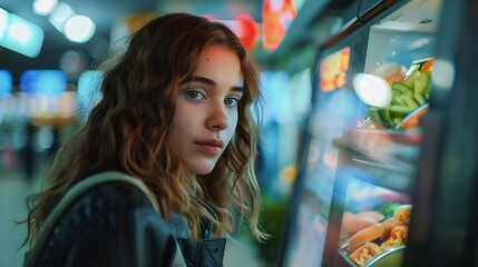 A girl orders food and lunch at a fast food restaurant using a selfservice kiosk or a terminal with a screen Modern commerce equipment : Generative AI