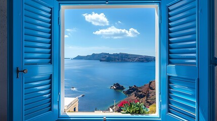 View from an open window with blue shutters of the Aegean sea caldera coastline and whitewashed town of Oia Santorini Greece : Generative AI