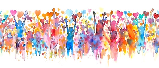 Wall Mural - Diverse people with arms and hands raised towards hand painted hearts. Charity donation, volunteer work, support, assistance. Multicultural community. People diversity.