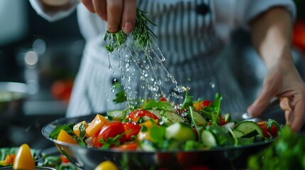 Closeup image of a female chef cooking fresh mixed vegetables salad in kitchen : Generative AI