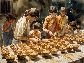 Canvas Print - A group of women are making candles in a workshop. Scene is peaceful and serene, as the women work together in a calm environment