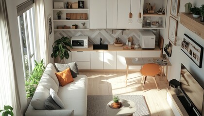 Modern 400 sq ft studio with living area, office, and kitchen in light colors 2. Generative AI