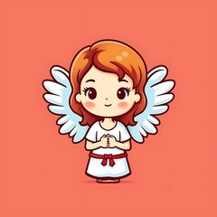 Cute Cartoon Angel Girl With Wings Praying on Red Background