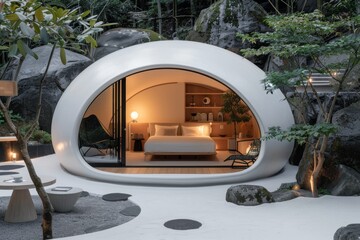 Canvas Print - Futuristic capsule home with sleek white curves ideal for ultramodern compact living