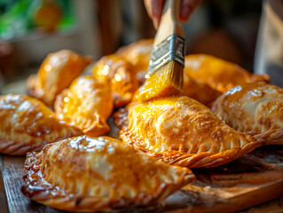 A person is brushing a pastry with a brush. The pastry is golden brown and has a sweet glaze