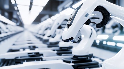 Poster - Row of White Robotic Arms at Automated Production Line at Factory Electric Car Manufacturing Line Inside Automotive Smart Factory Industrial Robot Arms Assemble LithiumIon EV Battery P : Generative AI