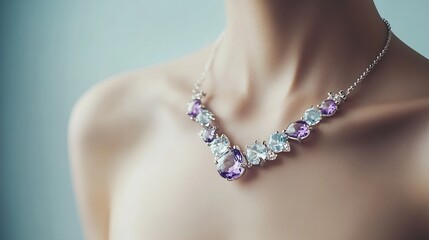 a necklace made of silver and amethyst and aquamarine and white gemstones is worn on the neck of an 