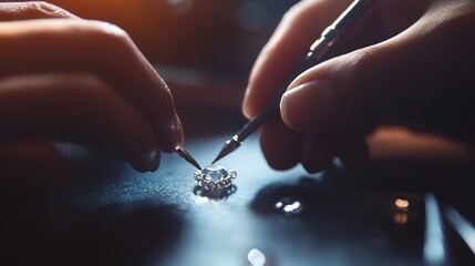 Professional jeweler working with gemstone on dark background closeup : Generative AI