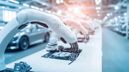 Poster - Industrial Robot Arms Assemble LithiumIon EV Battery Pack Row of White Robotic Arms at Automated Production Line at Bright Modern Factory Electric Car Manufacturing Inside Automotive S : Generative AI
