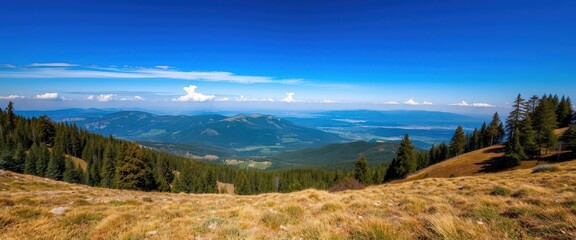 Poster - Mountain Landscape with Blue Sky and Fluffy Clouds.