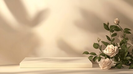 Aufkleber - Abstract minimal nature scene  empty stage and square podium on beige background and soft shadows of rose flowers and leaves Pedestal for cosmetic product and packaging mockups display : Generative AI