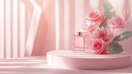 Poster - Pink showcase with pink roses podium for product perfume and cosmetic presentation : Generative AI