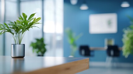 Wall Mural - Blur background of modern office lounge decorated with blue walls wooden table glass partitions and plants Contemporary workplace design concept Design for poster wallpaper banner Spat : Generative AI