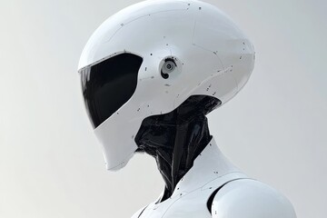 Poster - Elegant white robotic head profiled against a bright background symbolizing purity and advanced AI