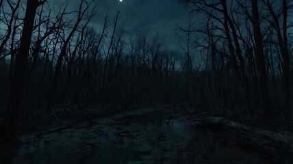 Dark, atmospheric photograph featuring a wooden bench in a forest setting during twilight (9)