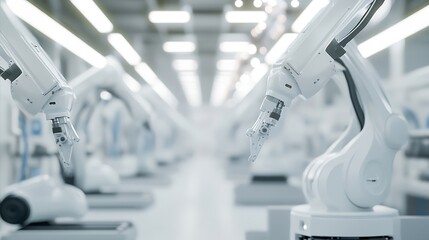 Poster - Row of White Robotic Arms at Modern Factory LithiumIon EV Battery Pack Production at Automated Assembly Line at Bright Factory Equipped With Industrial Robot Arms Electric Car Manufact : Generative AI