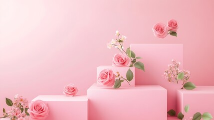 Aufkleber - Pink background for product presentation with square podiums of geometric shapes and blooming rose Empty podiums Mockup : Generative AI