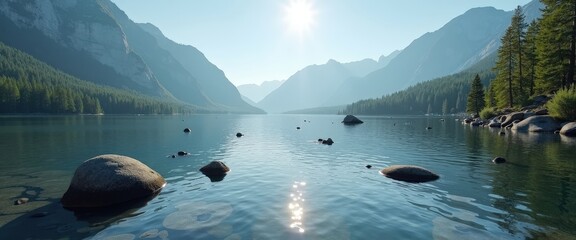 Canvas Print - Tranquil Mountain Lake with Sun Glare.