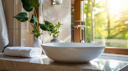 Sticker - Sanitary sink with shiny faucet against bathroom window