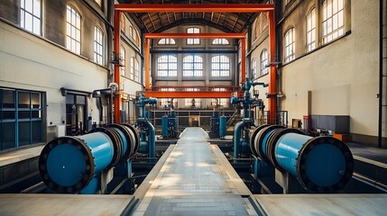 Industrial water pumping station interior with pipes and machinery : Generative AI