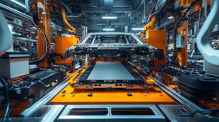 Poster - LithiumIon EV Battery Pack Assembly Process Electric Car Manufacturing Inside Automotive Factory Row of Industrial Robotic Arms at Automated Production Line at Bright Modern Factory : Generative AI