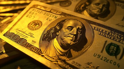 Poster - Gold bullion over 100 us dollar money investment and wealth concept Closeup : Generative AI
