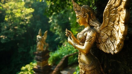 Mythological Creatures Angel Guardian statue at Wat Palad or Wat Pha Lat temple the secret hidden temple nestled in the jungle on the Doi Suthep Mt travel destination of Chiang Mai Tha : Generative AI