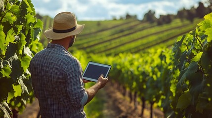 Fototapete - Farmer using smart farming technologies in a vineyard : Generative AI