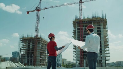 Poster - Engineers and Architect Caucasian looking at blueprint of building construction planning the work in a professional inspector is looking at steel structure and materials at constructio : Generative AI